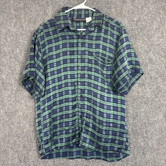 Bernino Silk Shirt Mens Size S Blue Green Plaid Button Up Causal Short Sleeve - Picture 1 of 7